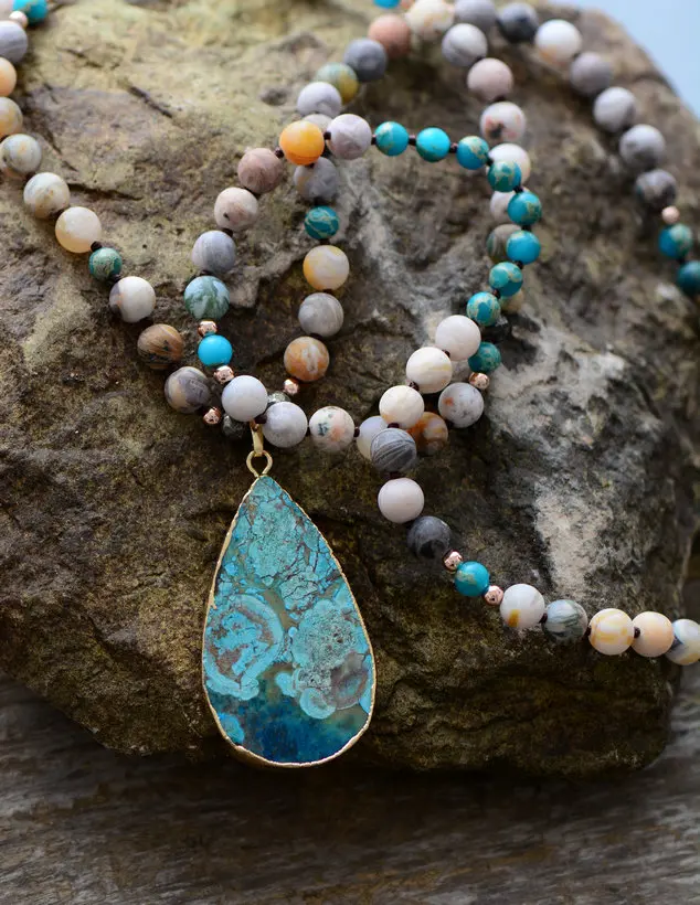 Бохо ожерелье микс натуральные камни ожерелье с подвеской-каплей для женщин Лариат бусы завязанные богемное ожерелье Прямая поставка