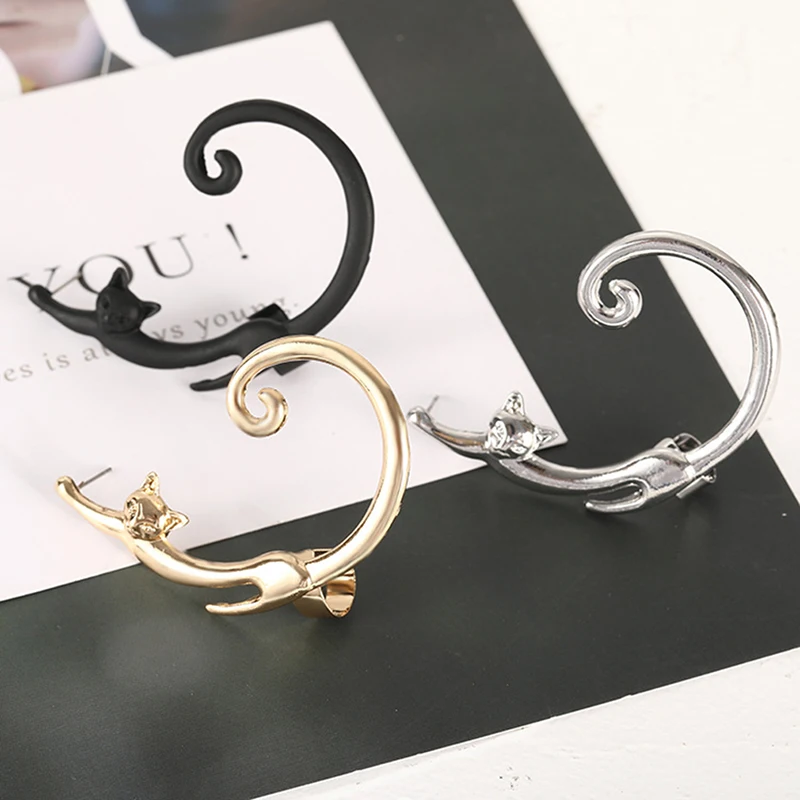 

Punk Style Gold Silver Plated Cat Post Earring With Ear Cute Cartoon Animal Black Stud Earring Women Ear Wrap