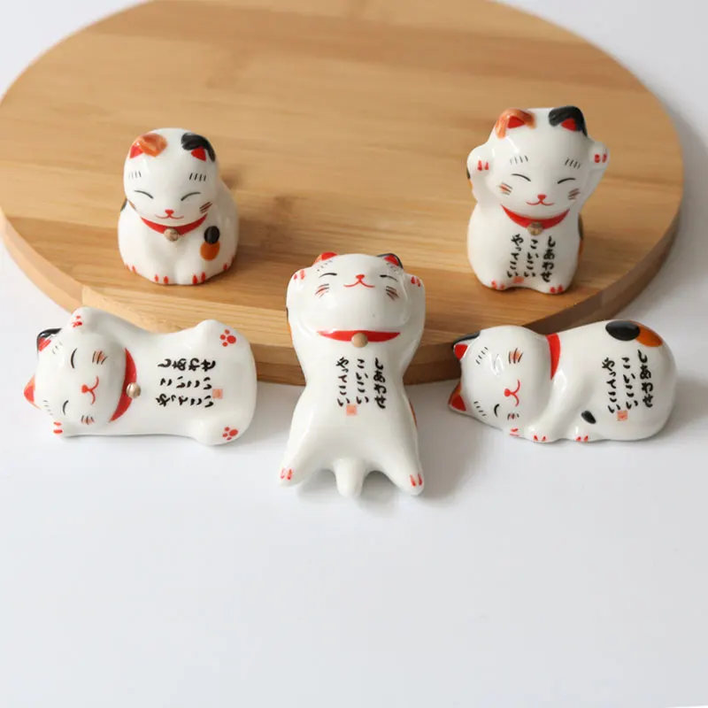 Plutus Lucky Wealth Cats Ceramic Chopsticks Rest Stand Rack Fruit Plate 6pcs - Front 1