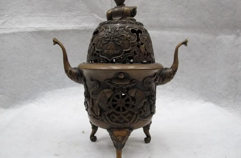 

10.5 Tibet Copper Bronze Buddhism 8 treasures Elephant Zun Censer incense burner