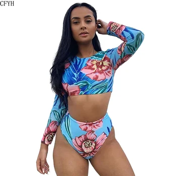 

Flower Print Women Two-Piece Swimsuit Long Sleeve O Neck Crop Tees and Skinny Mini Short Pants