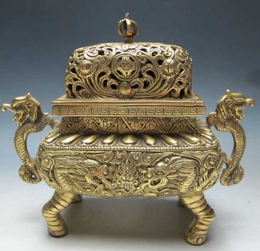 

B0601 524Chinese Bronze Six Dragon Incense Burner & Lid statue