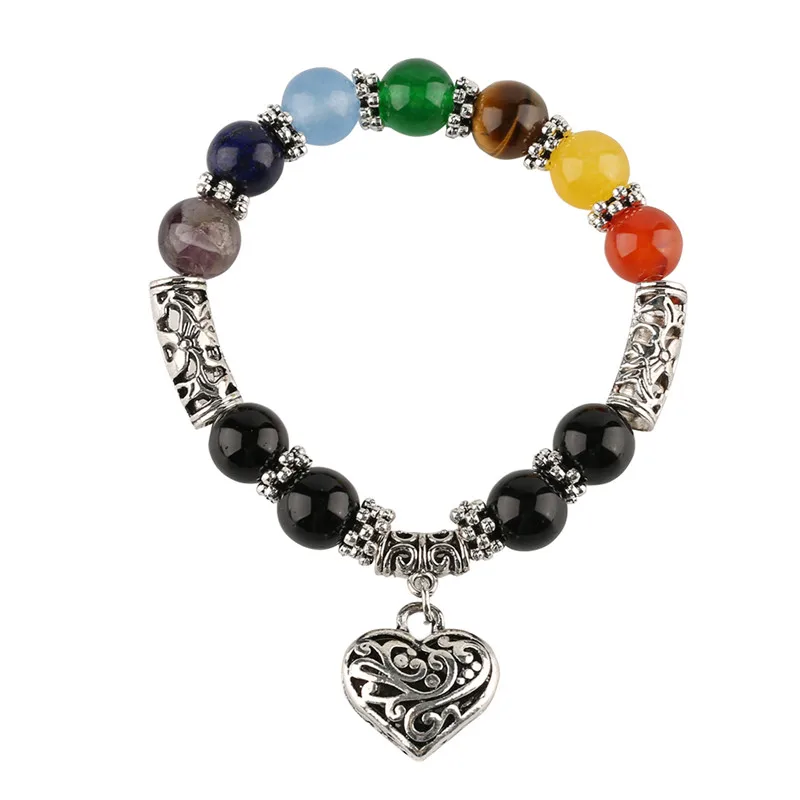 Charms Heart shaped Rainbow Bracelets Stone Stainless Steel Beaded