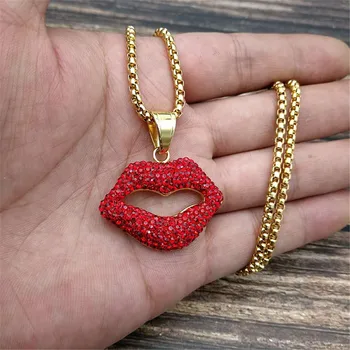 

The Hot-Sexy Red Lips Necklace Ladies Rhinestone Jewelry High-profile Sexy Style Gold Color Stainless Steel Chain For Party Gift