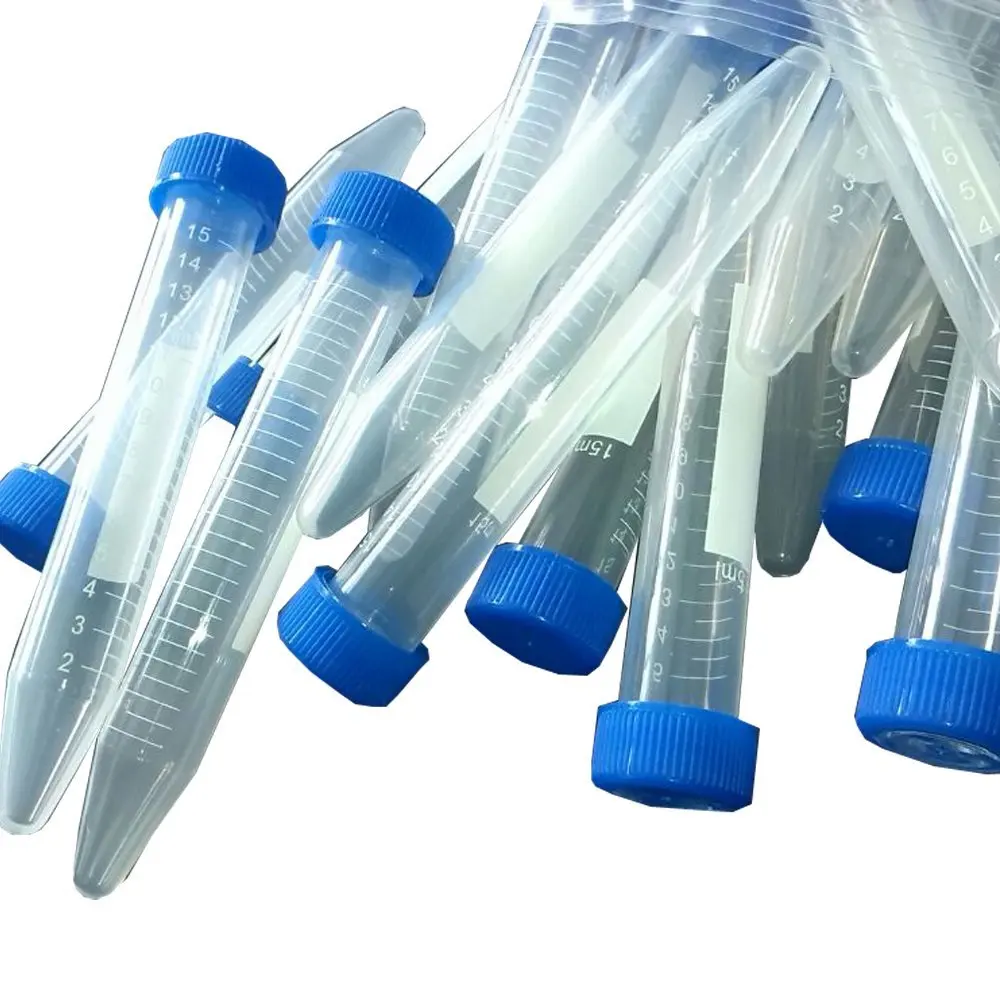 15ml Plastic Centrifuge Tubes, Conical Bottom, Graduated Marks, Blue Screw Cap, Pack of 100pcs