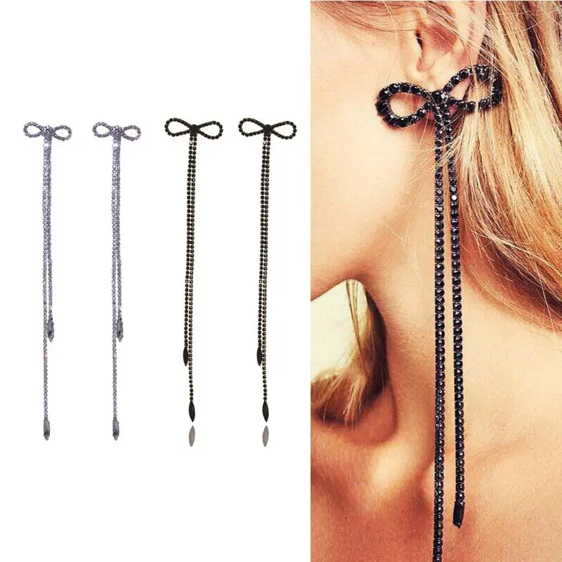 

Black White Rhinestone Bow Knot Long Chain Dangle Earrings Women Fashion Jewelry