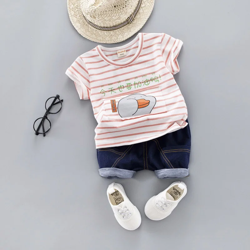 Children Soft Casual Neutral Short-sleeved Round Neck Short Denim Pants Two-piece Cotton Pink Summer Set Toddler Boy Clothes