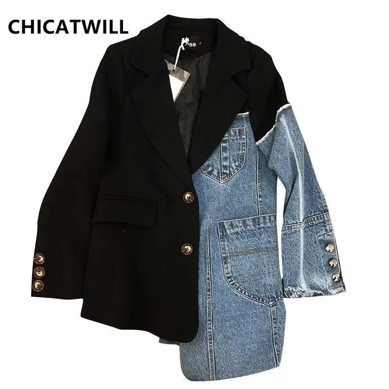 CHICATWILL High Street Runway Fashion 2019 Autumn Designer Women Denim Patchwork Blazers BF Special Office Lady Top Outerwears CHICATWILL High Street Runway Fashion 2019 Autumn Designer Women Denim Patchwork Blazers BF Special Office Lady Top Outerwears