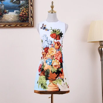 

2017 Summer New Runway Dress Handmade Luxurious Diamonds Jacquard Sleeveless Printed Women's One-Piece Dress Lady Fashion OM283