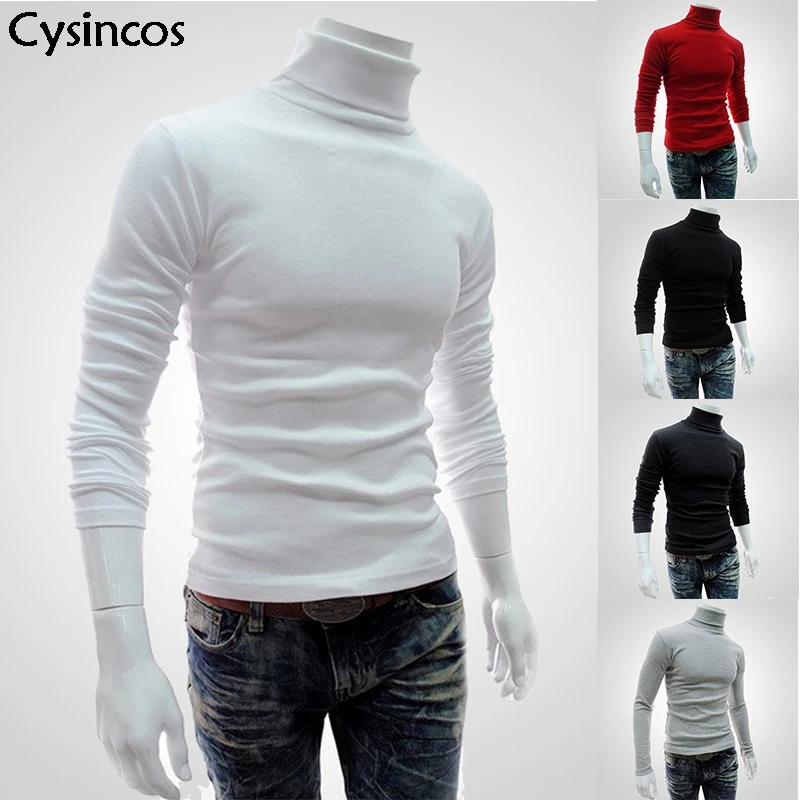 

Cysincos Men's Sweater 2019 Autumn Winter Warm Turtleneck Solid Casual Sweater Homme Slim Fit Knitted Cotton Pullovers Male