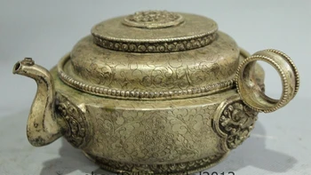

Old Tibet Buddhism Temple Silver Carving Flower Flagon stoup wine pot Sttaue