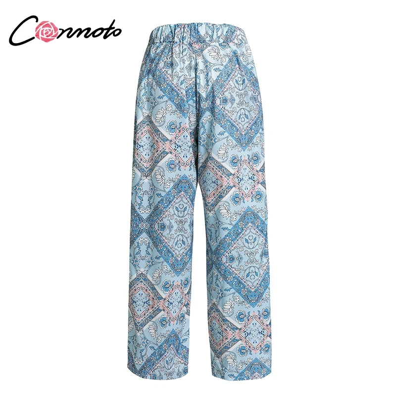 Conmoto Широкие женские синие брюки в стиле бохо, летние пляжные брюки с высокой талией, брюки с разрезом, брюки капри, большие размеры, лето