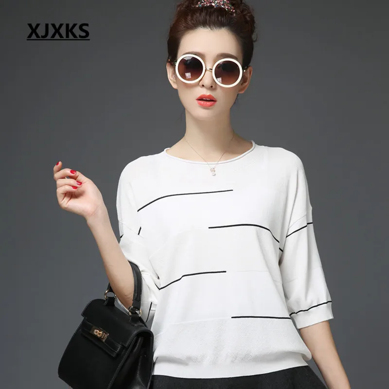 

XJXKS Featured Fabrics 2018 Fashion O-neck Knitted Cuff Tighten Waist Half sleeves Women T-shirt Comfortable Summer Tops