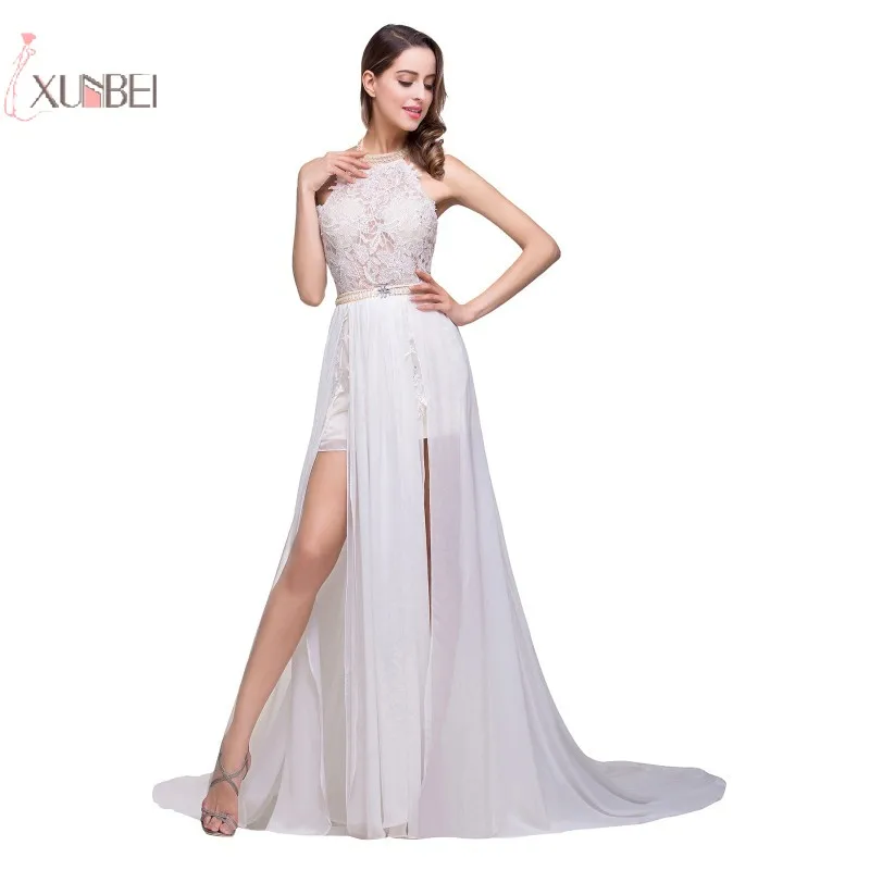 

2019 White Ivory Sexy Chiffon Beach Boho Bridal Wedding Dress High Split Lace Applique Wedding Gowns vestido de noiva