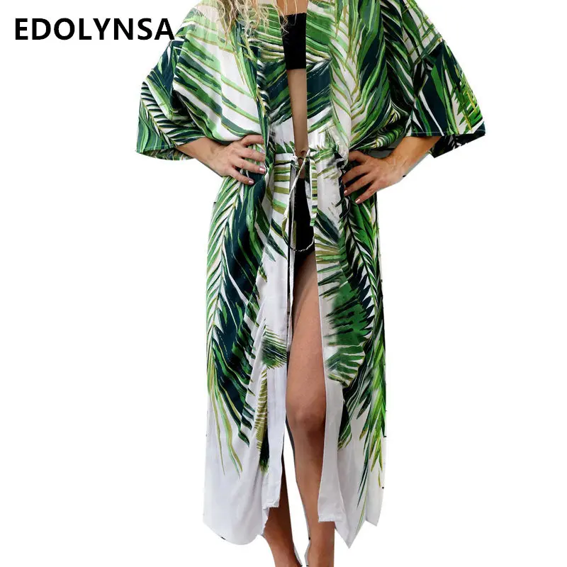 

Summer Autumn Print Green Long Kimono Elegant Three Quarter V Neck Front Open Belted Blouses Shirts Big Size Women 2019 N491