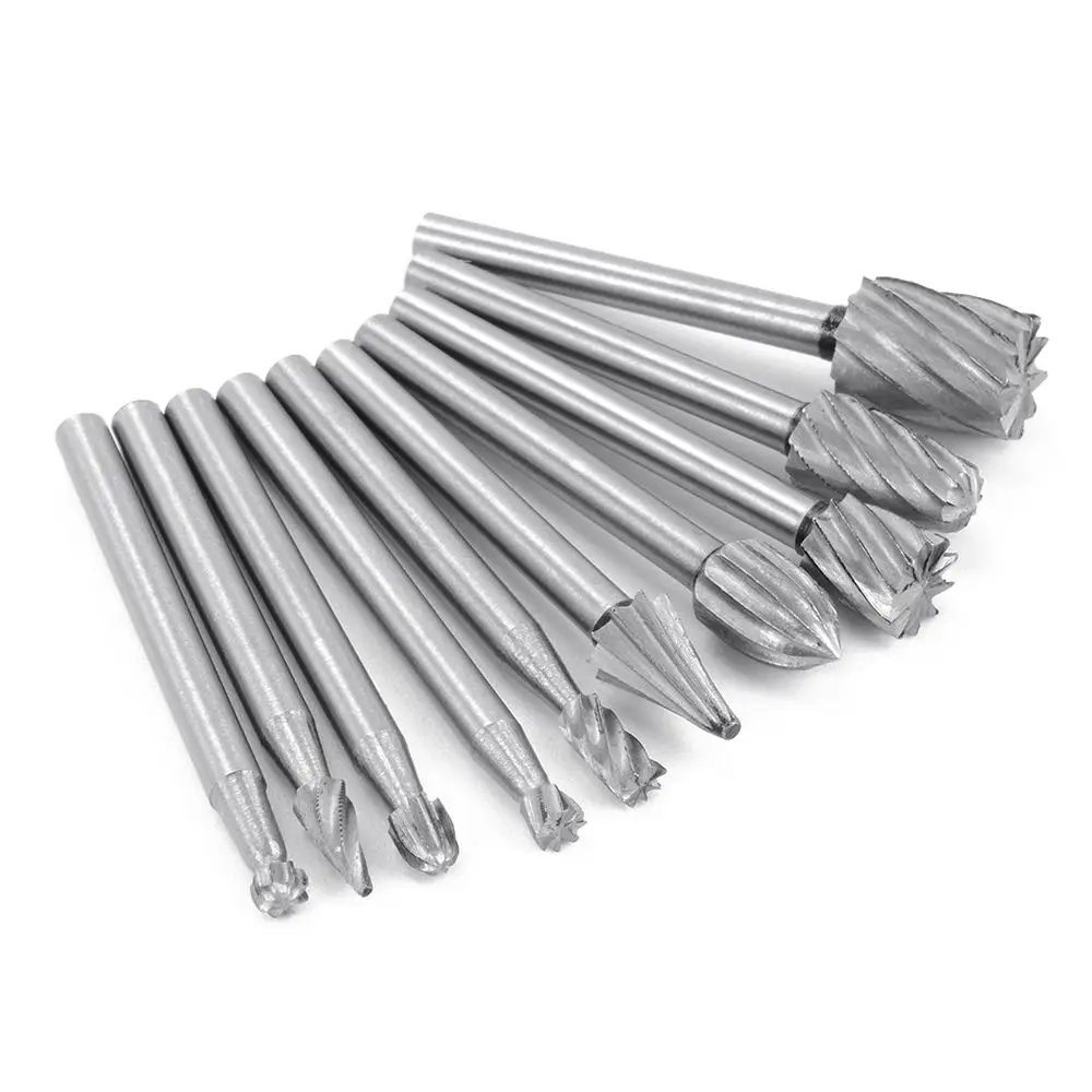 

10pcs HSS Tungsten Carbide Rotary Cutting Burr Set Grinder Bit 1/8 inch (3mm) Shank Woodworking Carving Tools Dropshipping