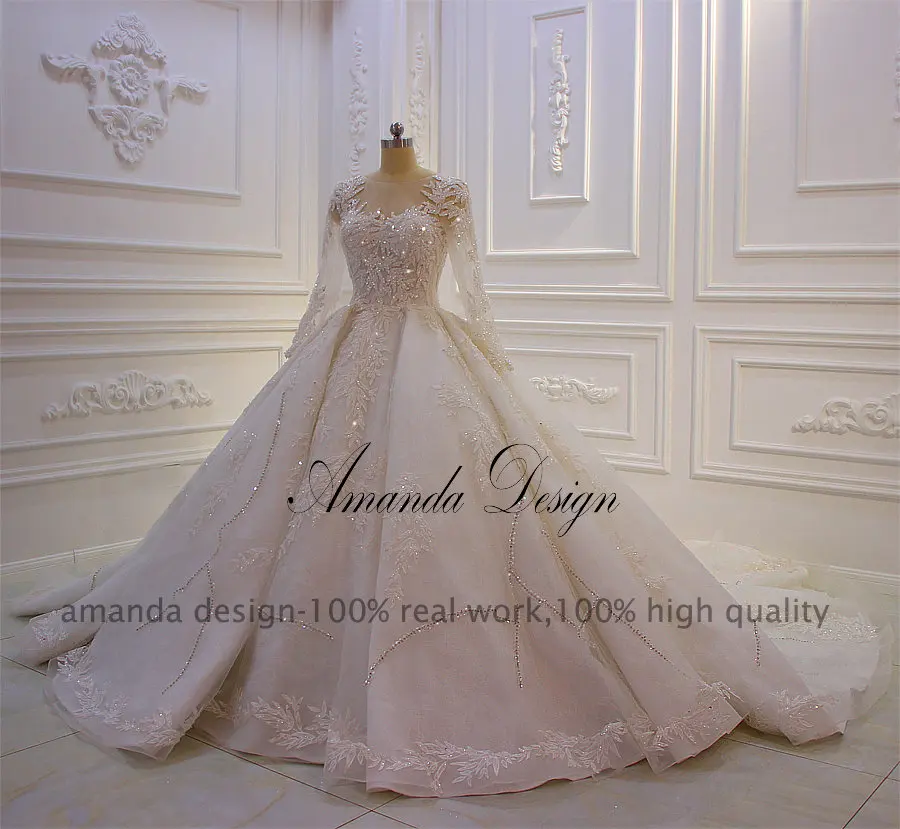 Аманда дизайн vestido де novia Длинный рукав аппликации кружевные со стразами Королевское свадебное платье