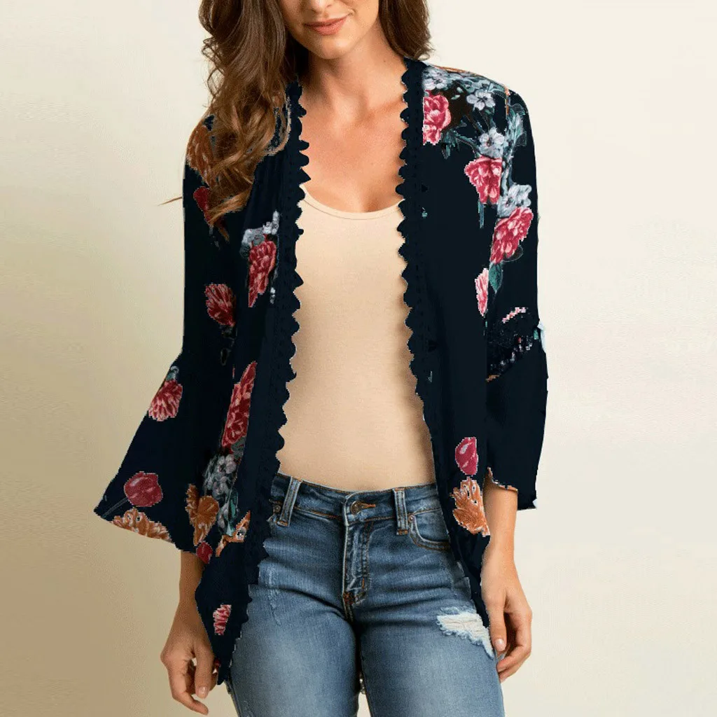 

2019 Summer Women Blouse Shirt Floral Print Chiffon Beach Shawl Lace Ladies Kimono Cardigan Cover Up Flare Sleeve Beachwear