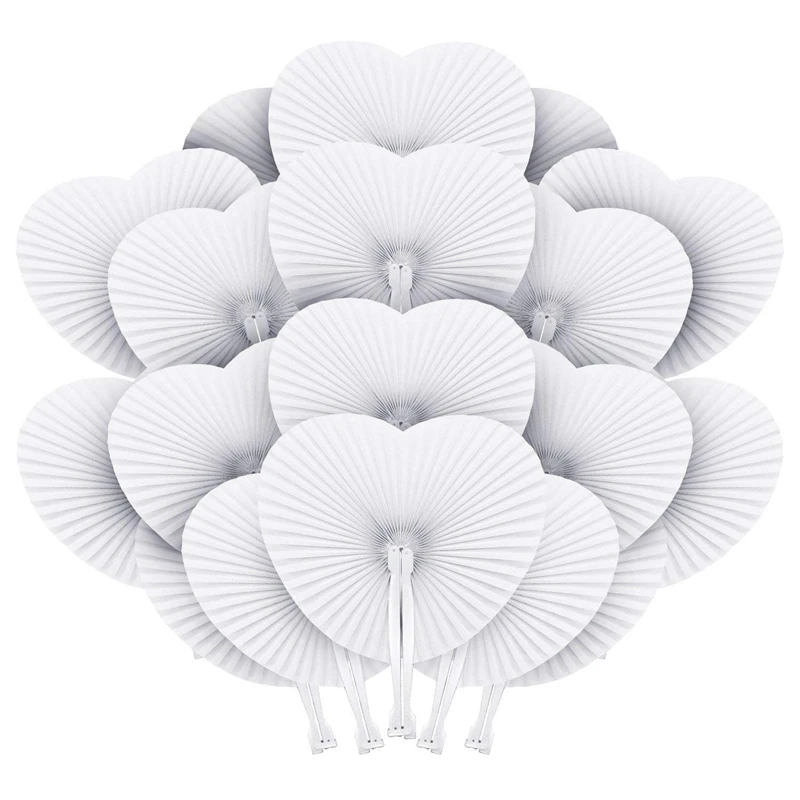 

50Pcs Pocket Paper Fans Folding Handheld Fan Heart Shape For Wedding Party Guest Wedding Birthday Decoration(White)
