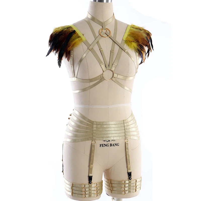 spesifikasi 1 Set Memanfaatkan Bulu Epaulette Bondage Lingerie Dada Straps dengan Sabuk Elastis Garter Kaki Memanfaatkan Setelan Modis Wanita Kostum