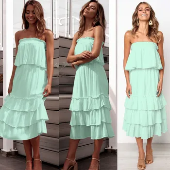 

YSMARKET 3 Color New Elegant Elastic Strapless Tube Top Blouse Loose Cake Mid Calf Skirts Two Piece Set Women Sexy Clothes
