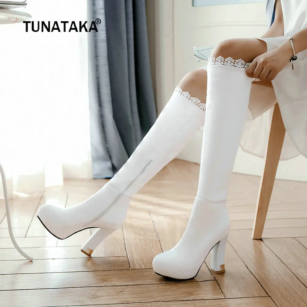 

Women Fashion Knee High Boots Platform Square High Heels Pu Leather Zipper Boots Autumn Winter Woman Shoes Plus Size 43 2018 New