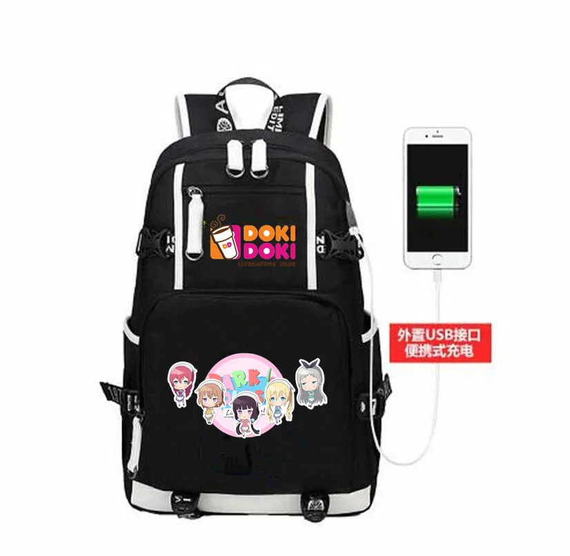 

Game Doki Doki Literature Club monika USB Charge Backpack canvas Shoulder Bag for teenagers Casual travelling laptop bagpack