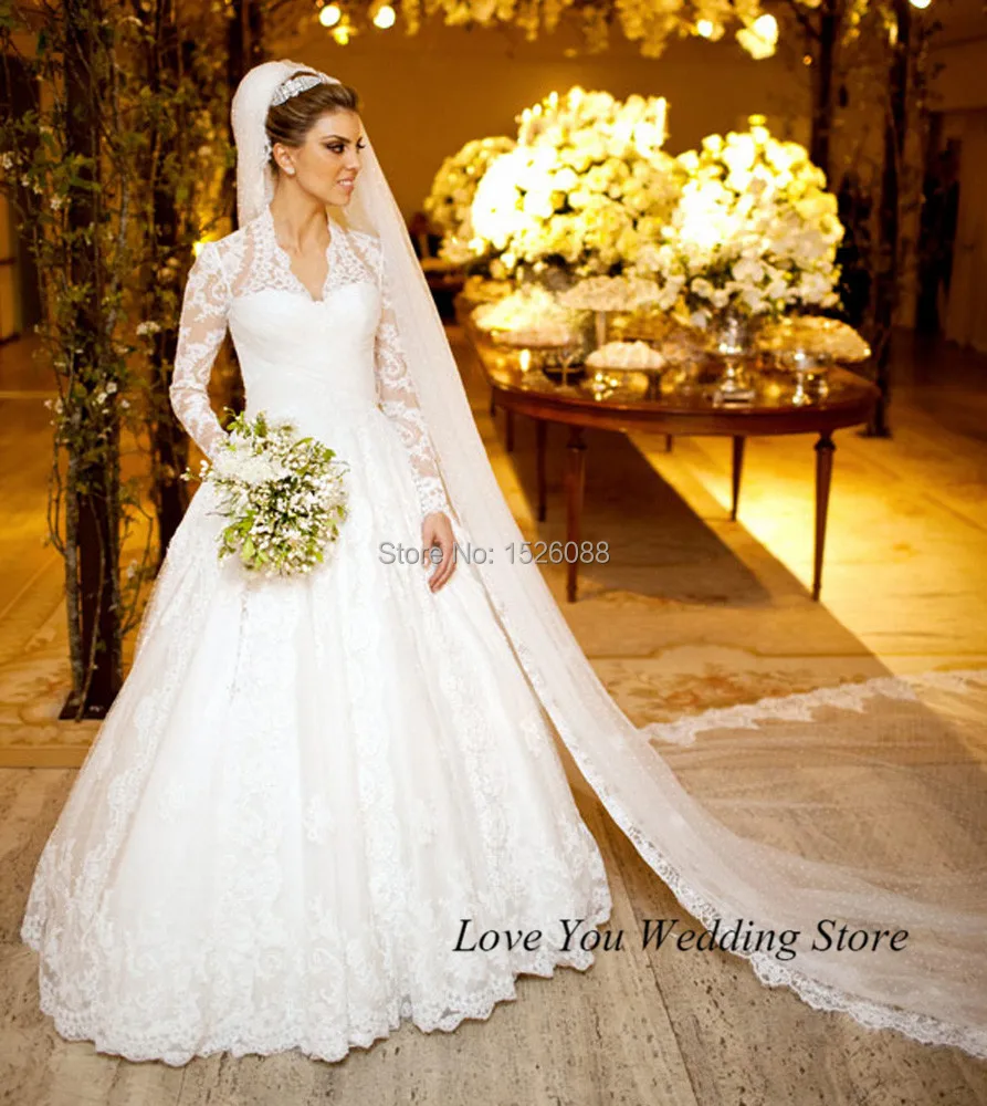 

2015 Elegant Winter Long Sleeve Wedding Dress Lace Bridal Gown Floor Length Custom Made Vestido de Renda