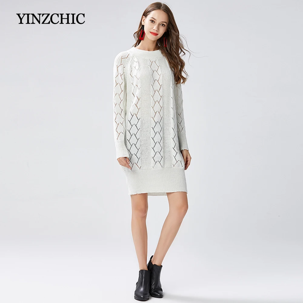 Womans Winter Knitted Dresses Hollow Out Womans White Sweater Dresses