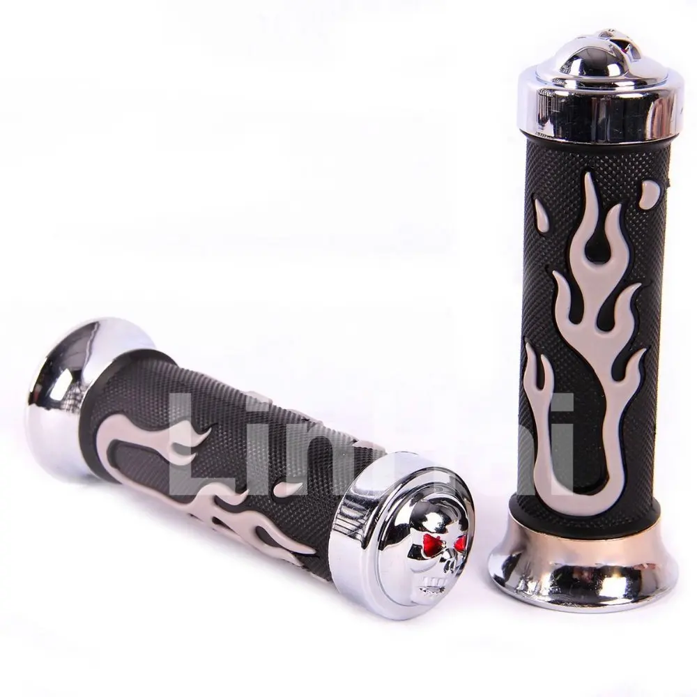 Universal Grey Flame Skull 7/8" Motorcycle Handlebar Hand Grips Anti