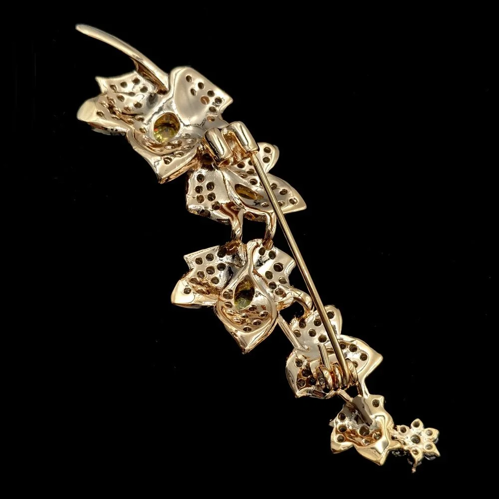 Charming Elegant Vine Plant Branch Yellow Flowers Brooch Gold Tone Micro Pave and Pear Shaped CZ Floral Vane Pin Bridal Jewelry