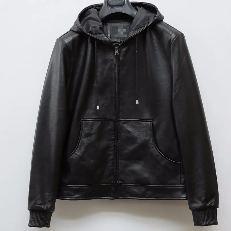 2017 New Spring Men Leather Hoodie Jacket Black Short Slim Fit Men