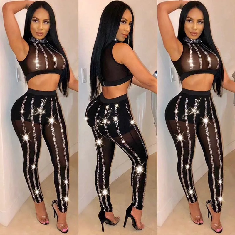 

NEW Hot Sale Women 2 Piece Set Sexy Perspective Mesh Bling Diamond Crop Top + Pencil Pants Suit ClubWear Party Matching Outfits