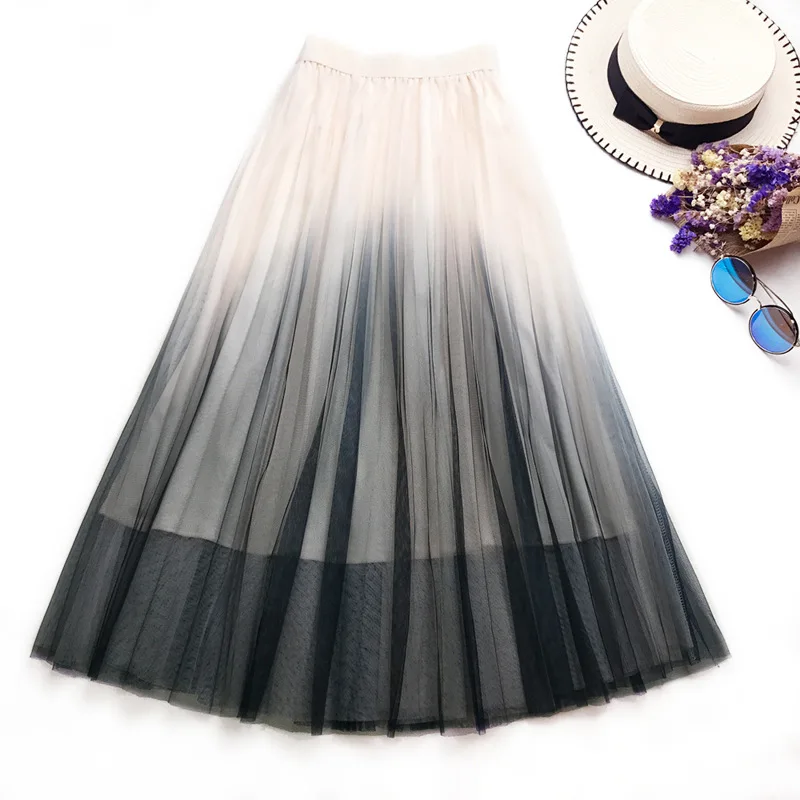 Tulle Skirts Womens Beige Gray Pink Adults Gradual Color Pleated Skirt Elastic High Waist Casual Loose Mesh A-Line Midi Skirt Tulle Skirts Womens Beige Gray Pink Adults Gradual Color Pleated Skirt Elastic High Waist Casual Loose Mesh A-Line Midi Skirt