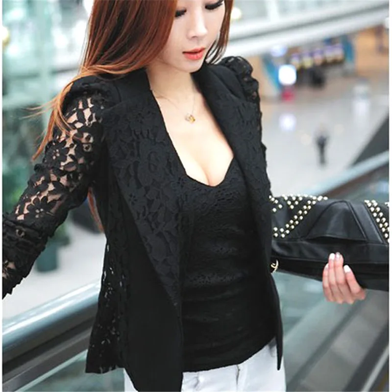 

Hot Sale Autum Lace Blazer Suit Women One Button Lady OL Coat Crochet Jacket Outwear Blazer Feminino