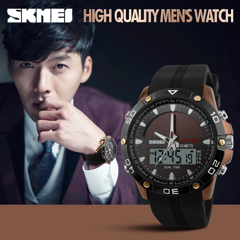 Watches Men Waterproof Solar Power Sports Casual Watch Man Men's Wristwatches 2 Time Zone Digital Quartz LED Clock Men
