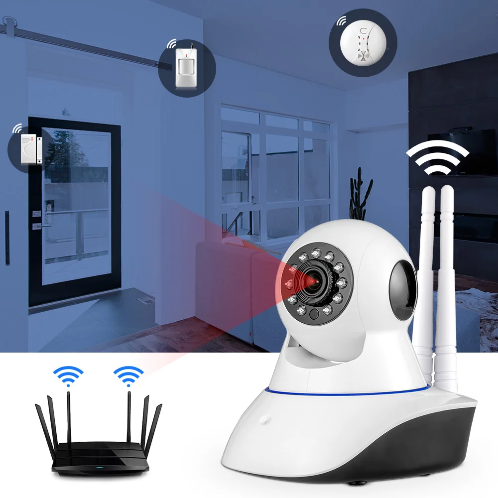 Dual Antenna WiFi IP Camera Smoke Detector Surveillance Home Security Alarm System App Remote Control CCTV Camera Baby Monitor