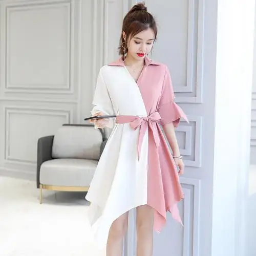 Femininas Мода V образным вырезом повседневное Лето Jurken лук свободные нерегулярные Vestidos лоскутное корейский краткое женская одежда - Цвет: Розовый