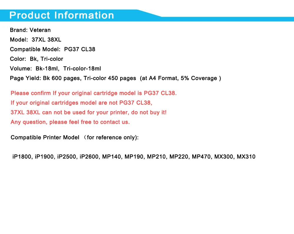 Veteran Refill PG37 CL38 Compatible for Canon PG 37 CL 38 PG-37 ink cartridge for Pixma MP190 IP2600 MP140 MP210 MP220 MP420