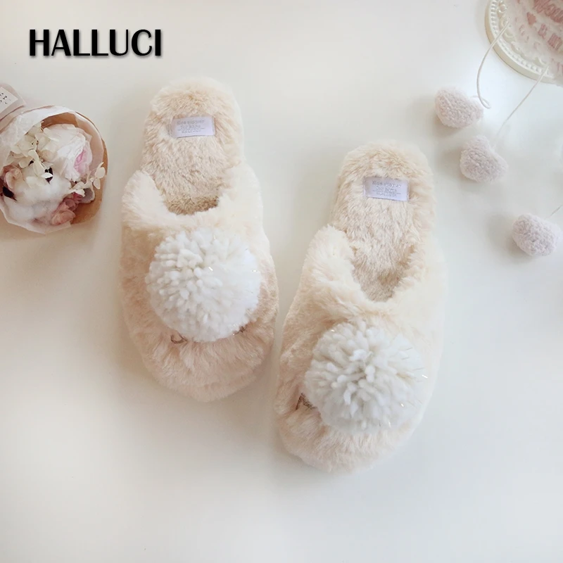 

HALLUCI simple white high quality women Home Slippers indoor winter flannel soft floor slipper Christmas Shoes