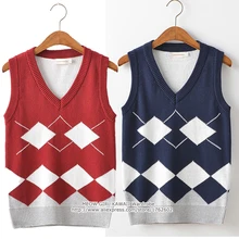 Унисекс британская школьная форма v-образным вырезом жилет японский JK свитер без рукавов хлопковые топы темно-синий и винно-красный