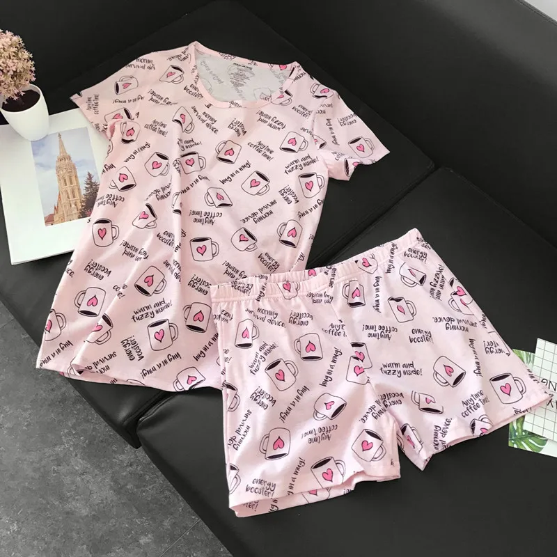Nette pyjamas sets mit süße rosa kaffee tassen awls autos hunde gedruckt baumwolle mode frauen pyjama sets heißer verkauf für damen
