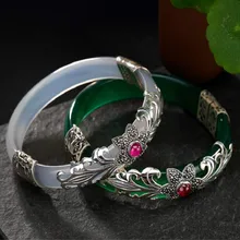 925 Sterling Silver Bracelet Chalcedony Stone Bangle Women Vintage Fine Thai Silver Jewelry Marcasite Flower Bangles 925 sterling silver bracelet bangle retro thai silver male personality silver chain magic circle evil eye bracelet punk biker