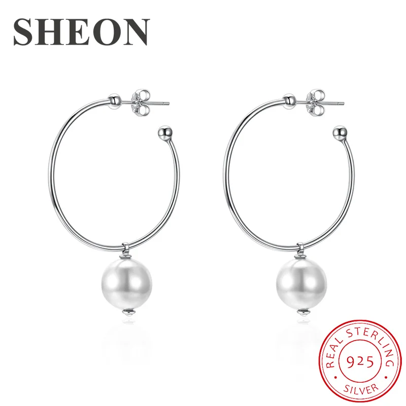 

SHEON 2 Color Genuine 925 Sterling Silver Simple Female Hoop Earrings Trendy Pearl Earrings Fine Women Sterling Silver Jewelry