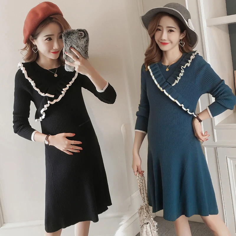 

Sexy Maternity Evening Dress for Party Autumn Fashion V Neck Slim Ties Waist Maternity Clothes for Pregnant Women Pregnancy