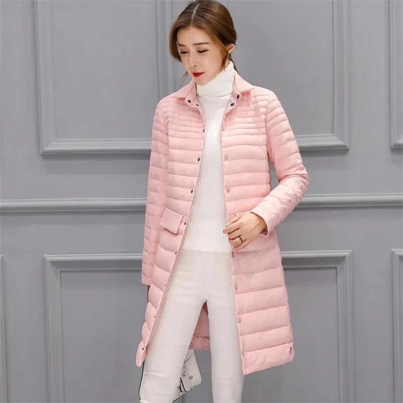 Новинка, осенне-зимнее Элегантное длинное теплое пальто для женщин, ультра-светильник, 90% белый утиный пух, куртка для женщин, тонкая ветрозащитная женская верхняя одежда Mw105 - Цвет: Розовый