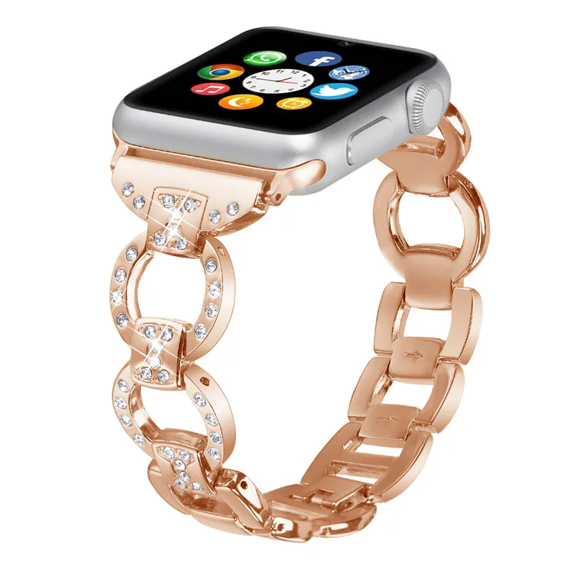 Bling из натуральной кожи часы ремешок для Apple Watch iWatch 4/3/2/1 бриллиант Стразы Нержавеющая сталь металлический браслет ремешок для наручных часов Iwatch, ремешок 82003 - Цвет ремешка: Rose Gold