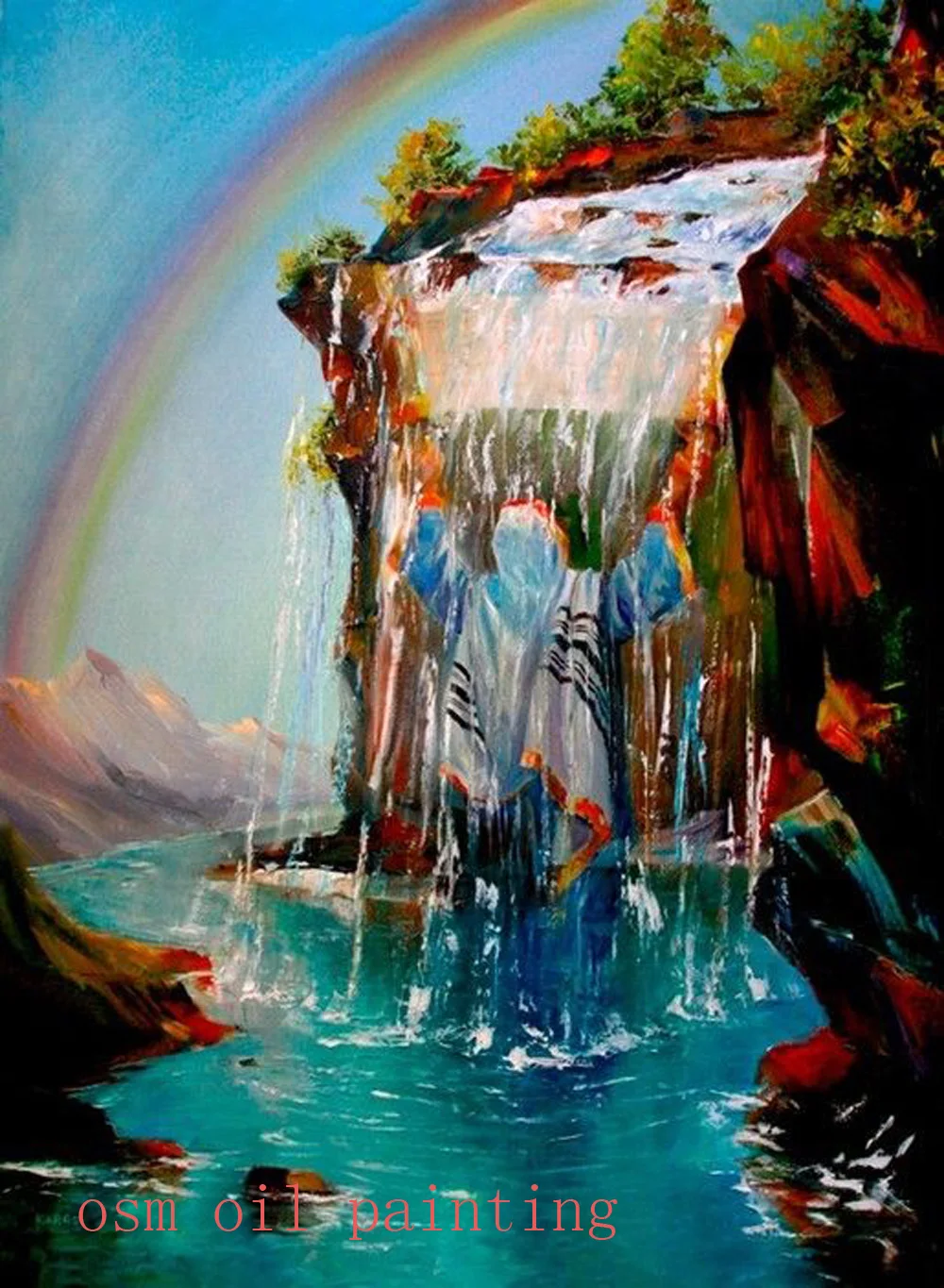 Handmade Modern Abstract A Beautiful Jewish Under the Waterfall Art Acrylic Picture Hand Painted Rainbow Landscape