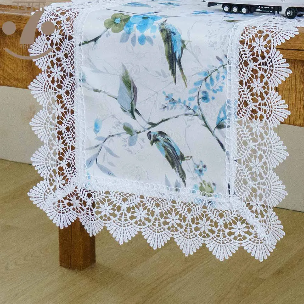 

Free Shipping Luxury Bleaching Color Birds Printing Jacquard Fabric Embroidered Border Decorative Table Runner