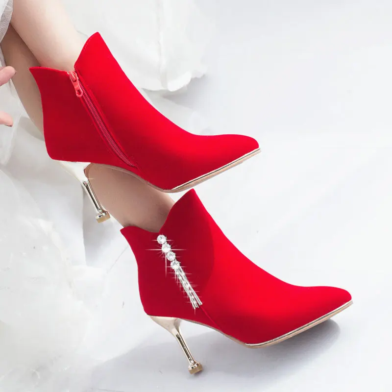 

MoBeiNi 11.11 promo female 2018 new winter plus velvet red boots stiletto high heel wedding shoes bridal shoes wedding boots
